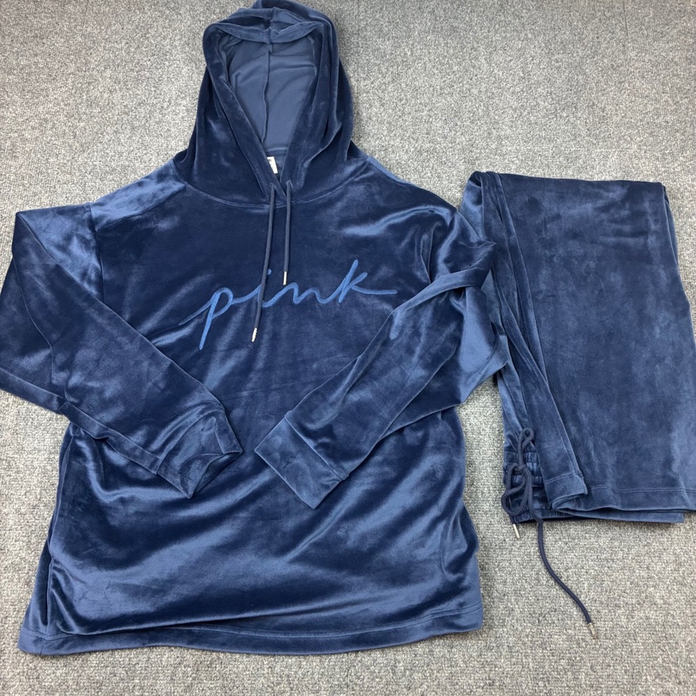 Victoria's Secret PINK Velour Tracksuit Navy Blue Hoodie and Pants Set XL